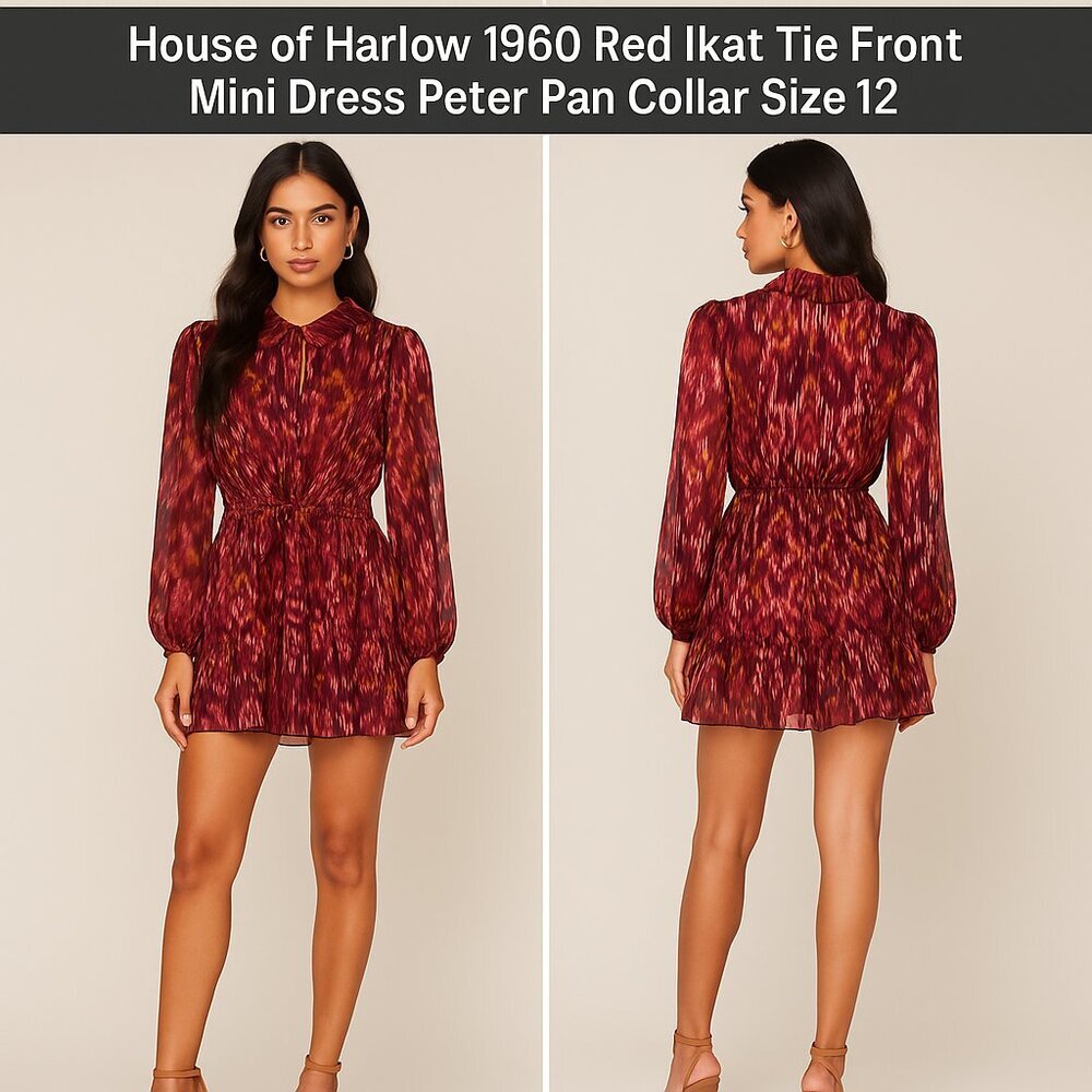 House of Harlow 1960 Red Ikat Tie Front Mini Dress Peter Pan Collar Size 12